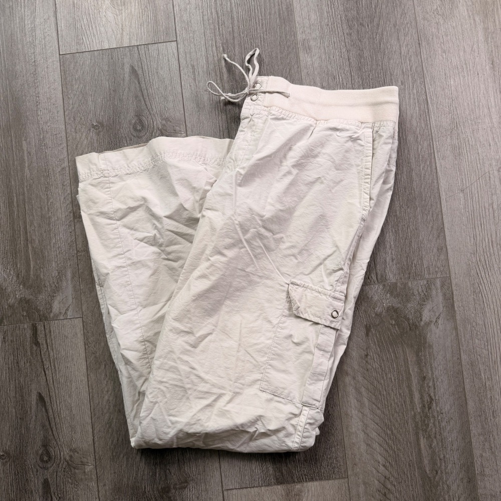 Y2K Nike Cargo Pants Women's L Cream Drawstring Wide Leg Swoosh Streetwear